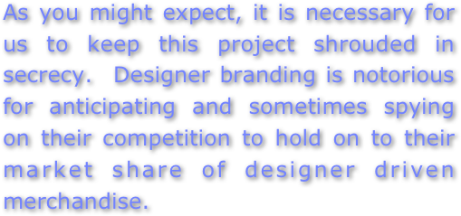 As you might expect, it is necessary for us to keep this project shrouded in secrecy.  Designer branding is notorious for anticipating and sometimes spying on their competition to hold on to their market share of designer driven merchandise.
   